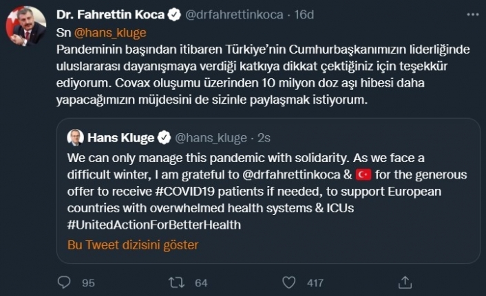 Bakan Koca: "Türkiye Covax oluşumu üzerinden 10 milyon doz aşı hibesi yapacak"
