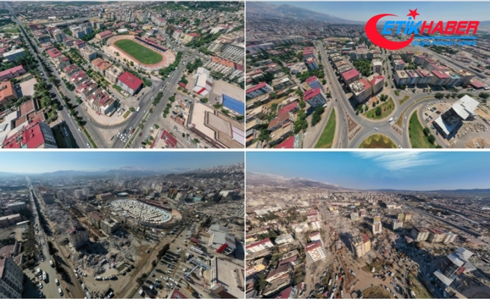 Kahramanmaraş'ta deprem öncesi ve sonrası çekilen fotoğraflar kentteki yıkımı ortaya koyuyor